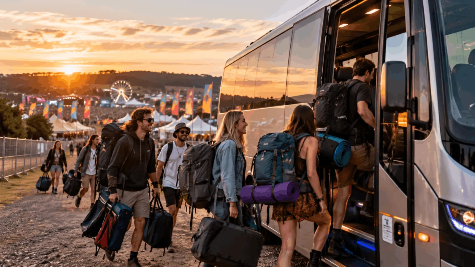 Festival-goers boarding a private coach with camping gear for professionally driven group transport to a UK music festival.