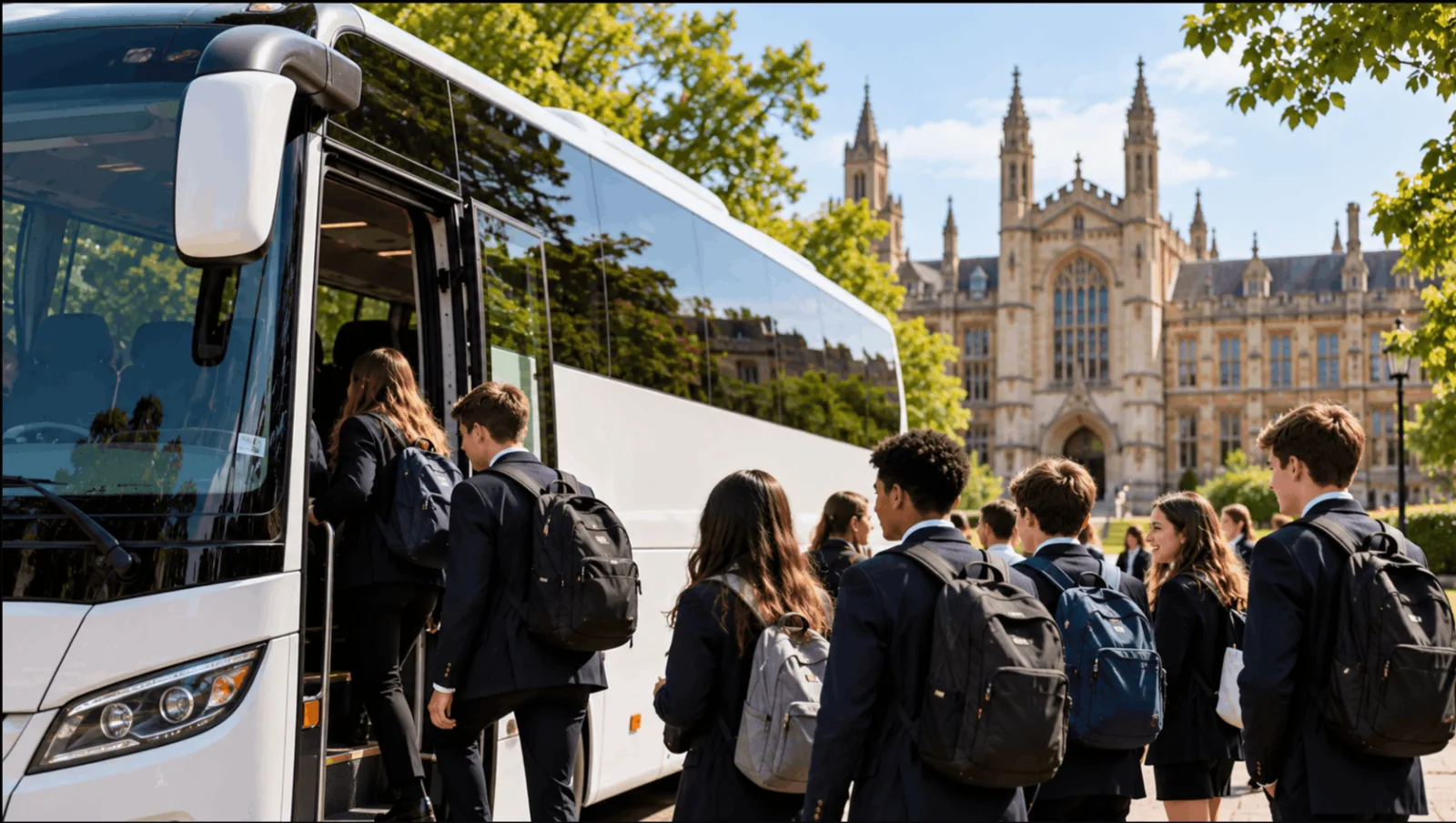 Students boarding a private coach outside a UK university campus for a professionally driven school, college or university group trip.